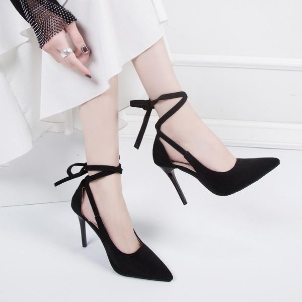 

sandals 2021 women's pointed toe shoes one word buckle solid elegant learther flock high heels outdoor fashion women footwear, Black