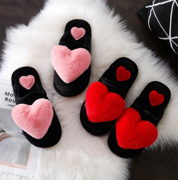 

women slippers women love heart cotton slippers winter non-slip floor home furry shoes for bedroom, Black