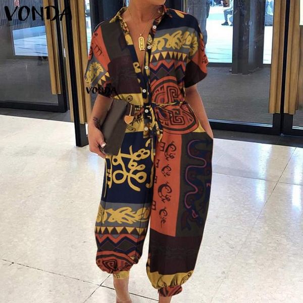 

vintage casual jumpsuits vonda rompers women patchwork printed autumn short sleeve rompers loose buttons lapel party overalls, Black;white