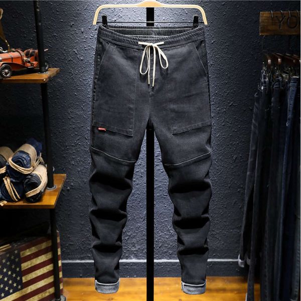 

autumn and winter lace up jeans men's loose straight korean fashion versatile youth elastic waist pants stitchingwinter, Blue