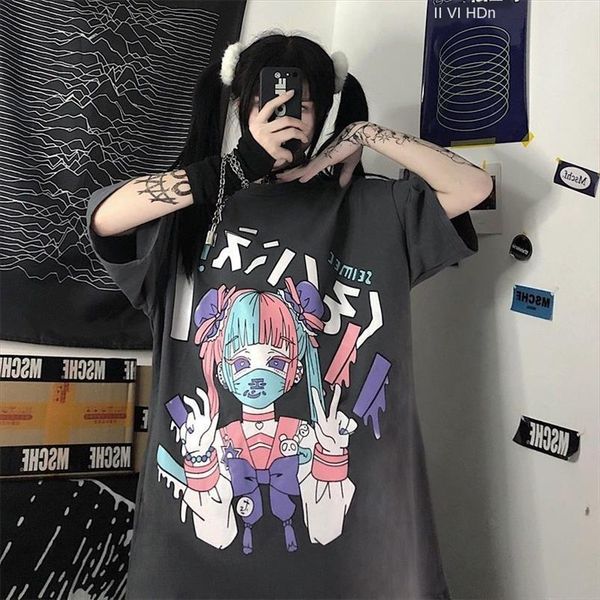 

korean plus size short womens shirts sleeved ins retro dark girl print student loose women anime shirt, White