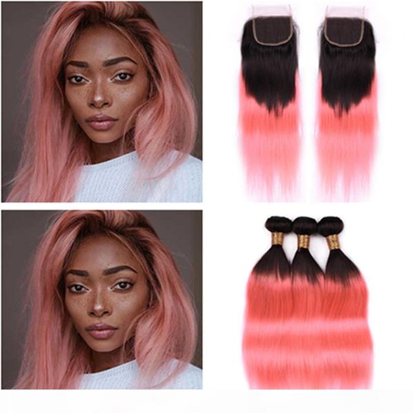 

#1b pink ombre straight brazilian human hair 3bundles and closure 4pcs lot ombre pink straight virgin hair weave wefts with 4x4 lace closure, Black