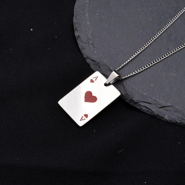 Collana con ciondolo da uomo con asso di picche fortunato da poker, colore rosso, nero, argento, gioielli in acciaio inossidabile, carte da gioco di fortuna