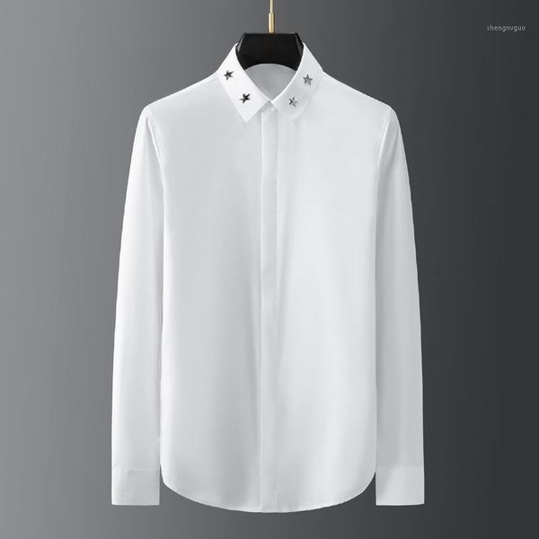 

business male dress shirt five-star rivet collar long sleeve chemise homme solid 100% pure cotton shirts men plus size men's, White;black