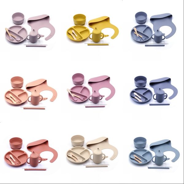 

6pcs/set baby silicone dining plate with bowl cup bibs spoon fork children feeding tableware dinner dishes 20220301 h1