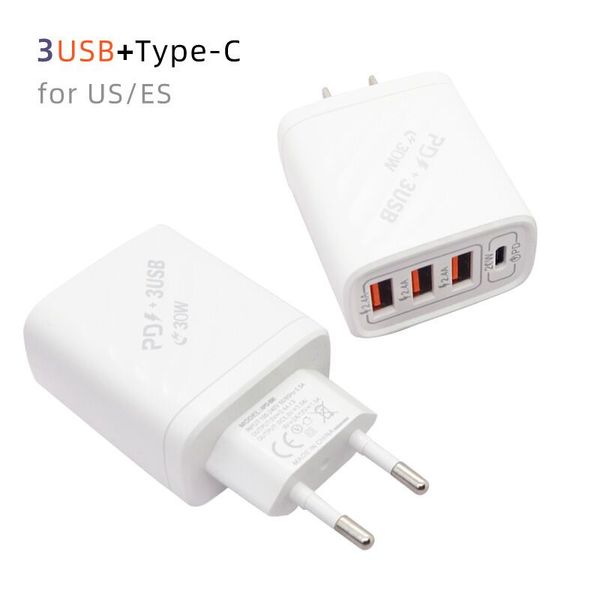 3USB 2.4A + Tipo-C carregadores US UE Plug adaptador parede telefone celular para Samsung Xiaomi Huawei