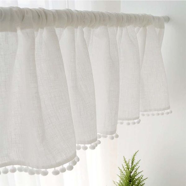 

curtain & drapes linen textured window sheer short pompom for bedroom living room semi transparent voile panel light filtering 1pc tj3783