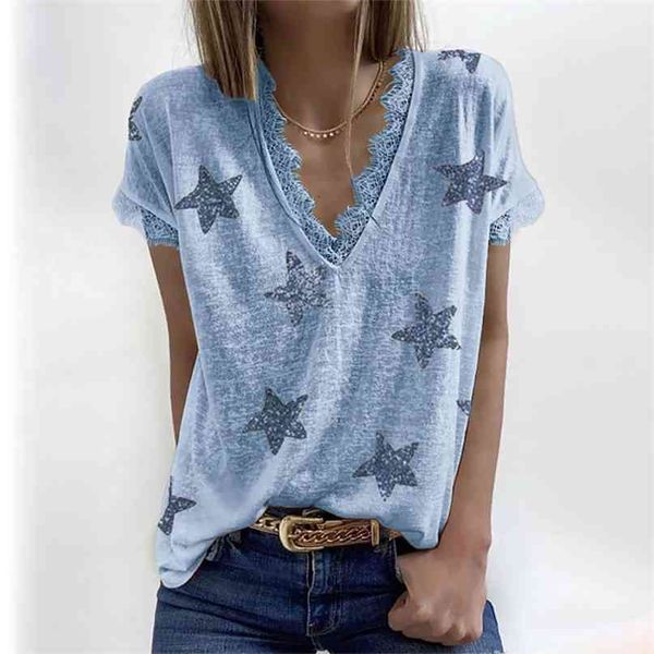 

lace patchwork deep v neck short sleeve t shirt women stars printing casual loose plus size streetwear tee shirts 210603, White