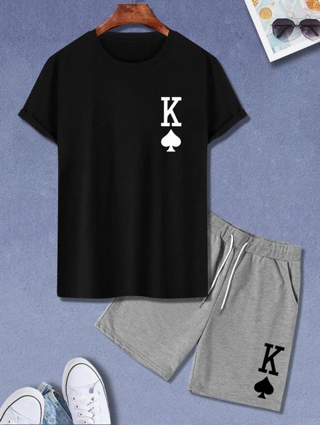 

men poker print tee & track shorts w0o4#, Gray