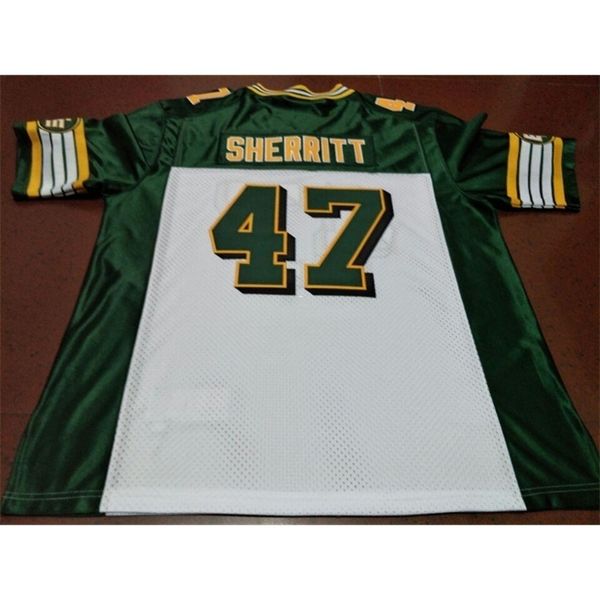 001 Edmonton Eskimo's #47 J.C. SHERRITT Wit Groen echt Volledig geborduurd College Jersey Maat S-4XL of op maat elke naam of nummer jersey