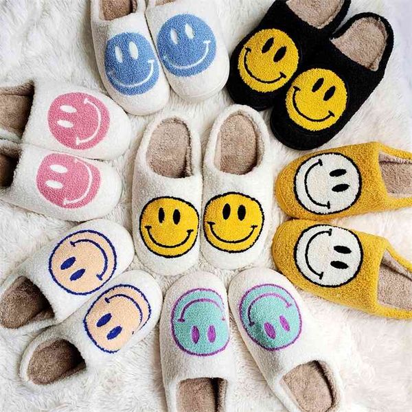 

winter big smiley pattern women fur slippers house couples men fluffy slides autumn warm plush bedroom ladies cotton shoes 210914, Black