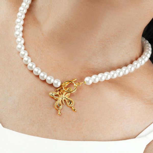 

pendant necklaces fysl light yellow gold color butterfly alloy connect pearls beads choker chain necklace trendy jewelry, Silver