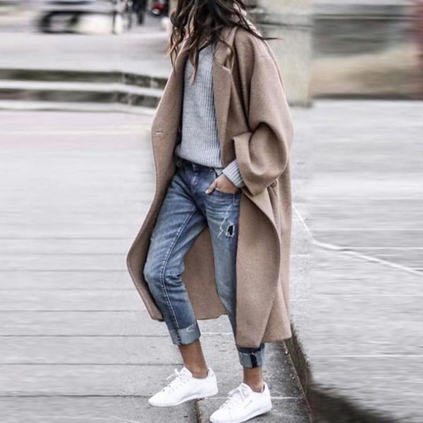 

women's wool & blends winter overcoat women jacket coat female turn down collar windbreaker button plus size fall clothes for, Black