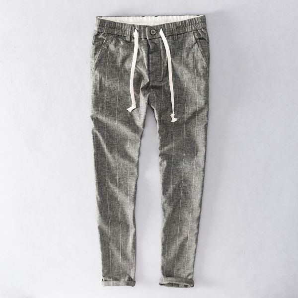 

2021 new 30-40 size striped stretch elastic waist brand linen breathable pants for casual trousers men fashion un pantalon a5dd, Black