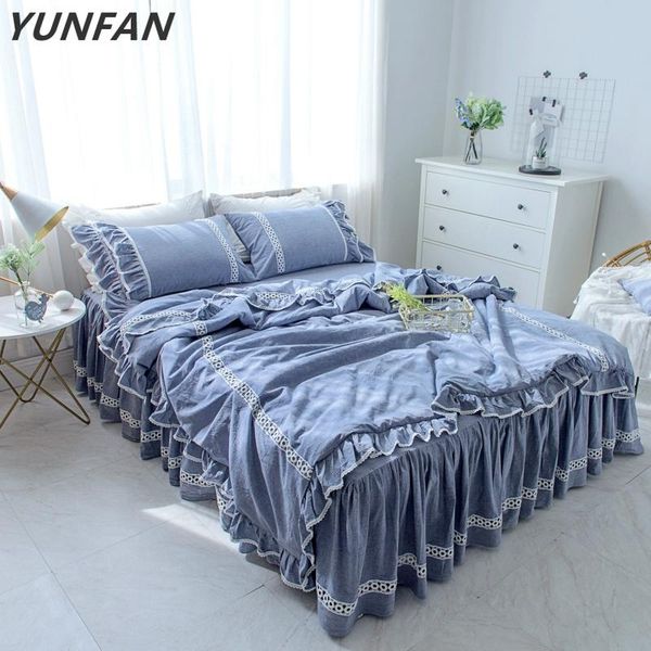 

bedding sets luxury set light blue ruffle lace duvet cover bed skirt bedspread princess pillowcase twin full  king bedclothes