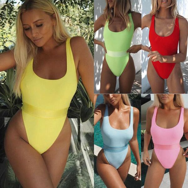 

2021 women solid color sleeveless lady padded bikini one piece beach swimsuit monokini swimwear green yellow red blue