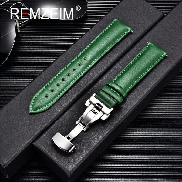 

watch bands remzeim soft leather band with stainless steel automatic buckle 18mm 20mm 22mm 24mm straps green blue red, Black;brown