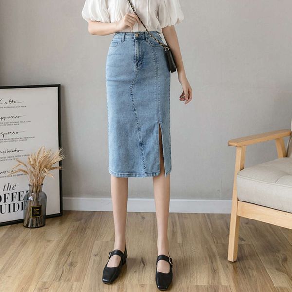

hip hop length 2021 spring new design sense split denim medium buttock high waist one step skirt k, Blue