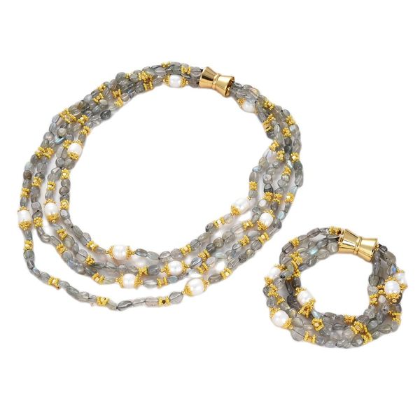 

guaiguai jewelry natural 4 strands labradorite cultured white rice pearl necklace 19.5" bracelet sets handmade for women, Silver