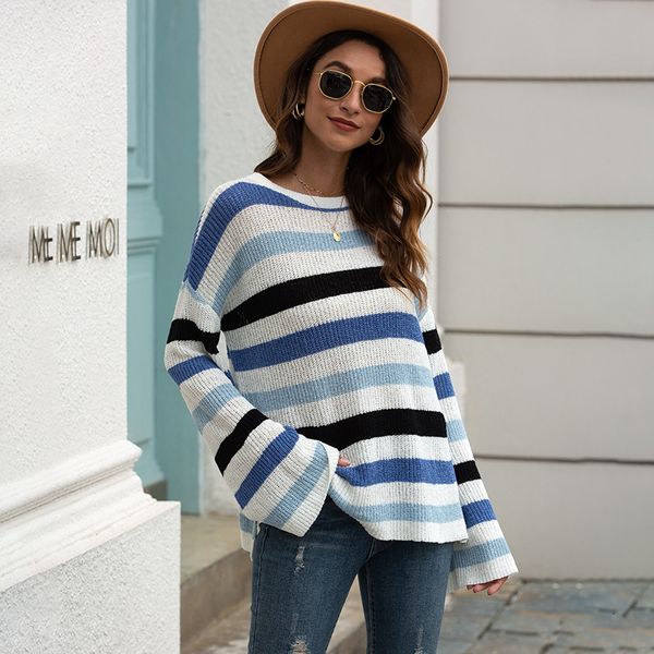

2021 fahion knitted striped women o-neck autumn winter loose flare sleeve pullovers sweater new b8rq, White;black