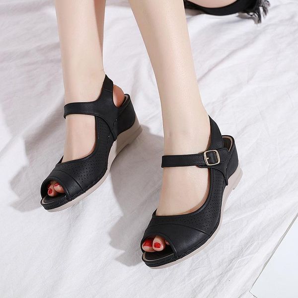 

sandals 2021 women shoes platform peep toe high wedges heel ankle buckles sandalia leather female, Black