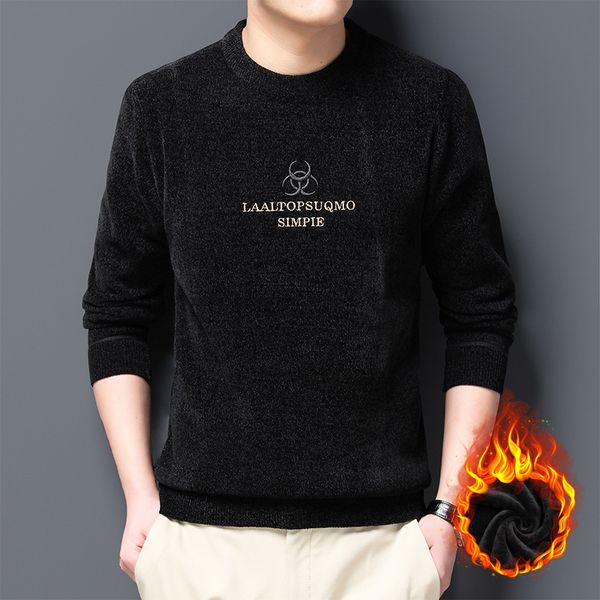 

sweater plush thickened sweater autumn winter embroidery middle-aged round neck long sleeve chenille warm men's wear, Black