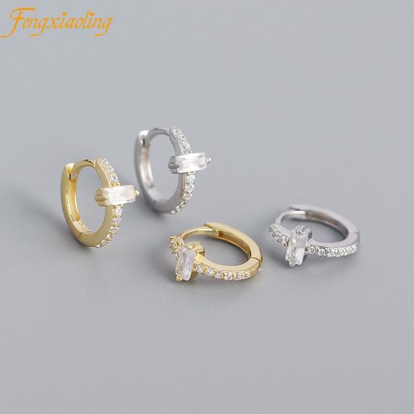 

hoop & huggie genuine 100% 925 sterling silver ins geometric metal style rectangular zircon earrings for women fashion party jewelry gift, Golden;silver