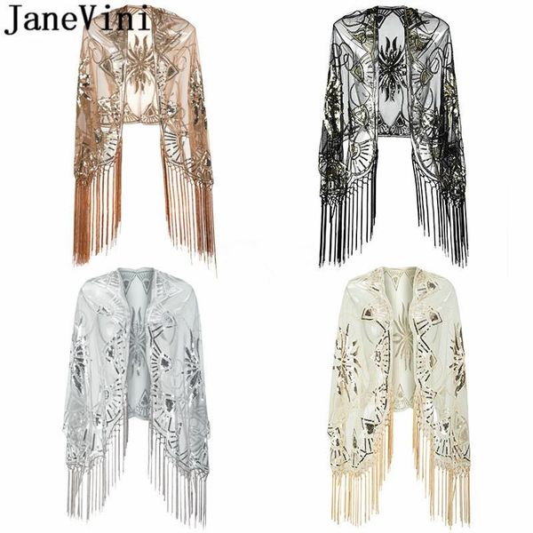 

wraps & jackets janevini bling silver sequins bridal shawls capes beaded gold bolero sequin estola tassel shrugs for women evening dress, White
