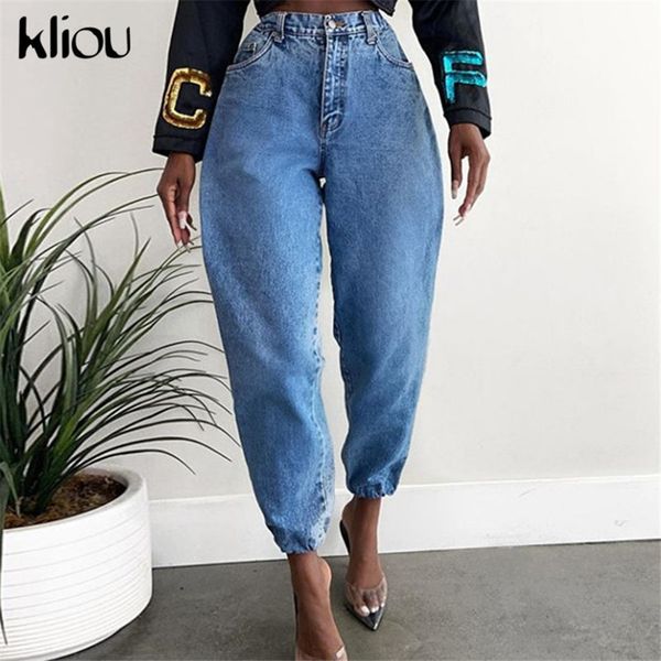

kliou solid high waist women jeans club autumn new fashion street style mujer denim pants baggy vintage female trousers 210222, Blue