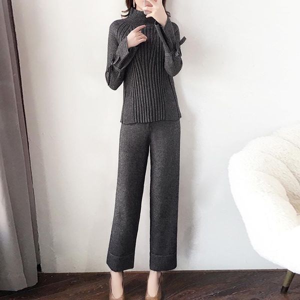 

2021 new fall winter knitted sweater pantsuit for women 2 piece set female pullover turtleneck long sleeve +long pants suit n2061990, White