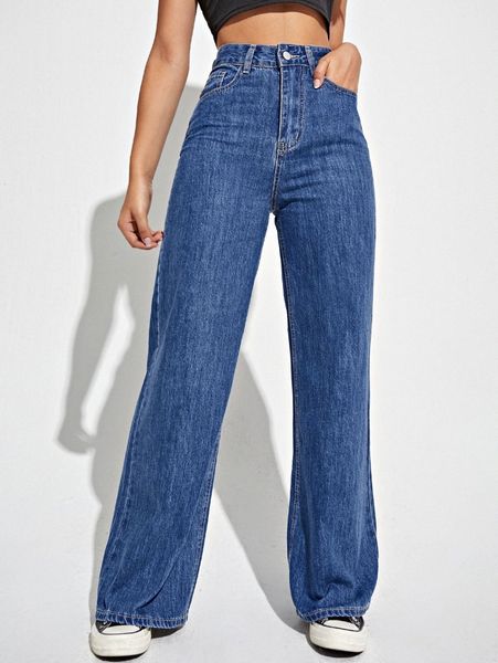 

high waist slant pocket wide leg jeans v0ji#, Blue