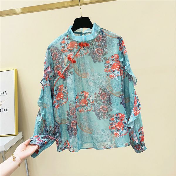 

nancylin buttons from the vintage floral plate ruffles chiffon long sleeve shirt blouse 2021 new autumn female 2t95, Black