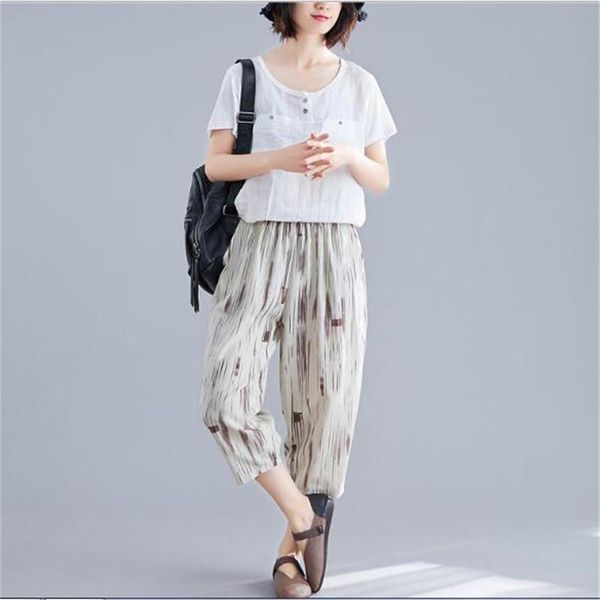 

women's pants & capris 2021 gradient striped trousers summer fashion casual elastic waist cropped trouser female linen pantalon a72, Black;white