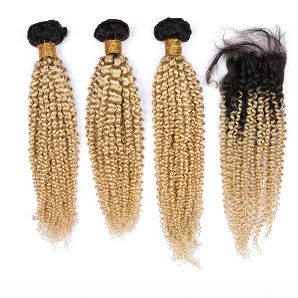 

#1b 613 blonde ombre malaysian human hair kinky curly weave bundles with closure blonde ombre virgin hair wefts with 4x4 lace closure, Black