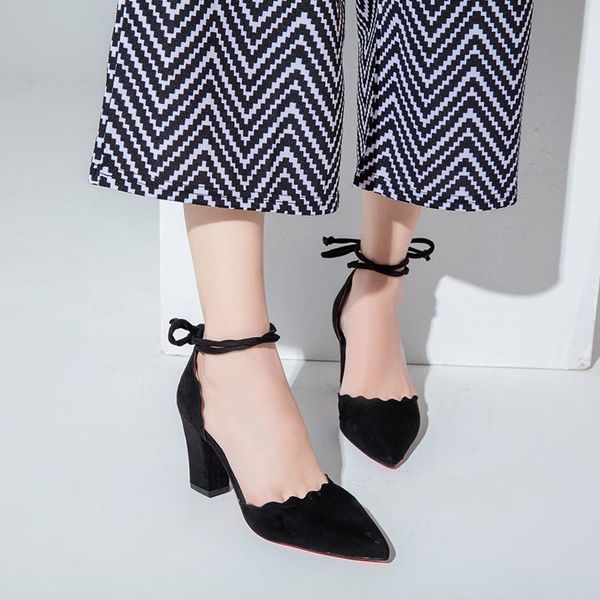 

dress shoes 2021 heels tacones woman fashion elegant pumps pointed strappy single female lace up retro high thick u22-13, Black