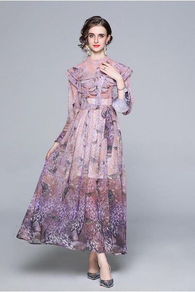 

casual dresses spring women's sweet splicing ruffled horn long sleeve lavender print lace up chiffon mid length dress with large swing, Black;gray