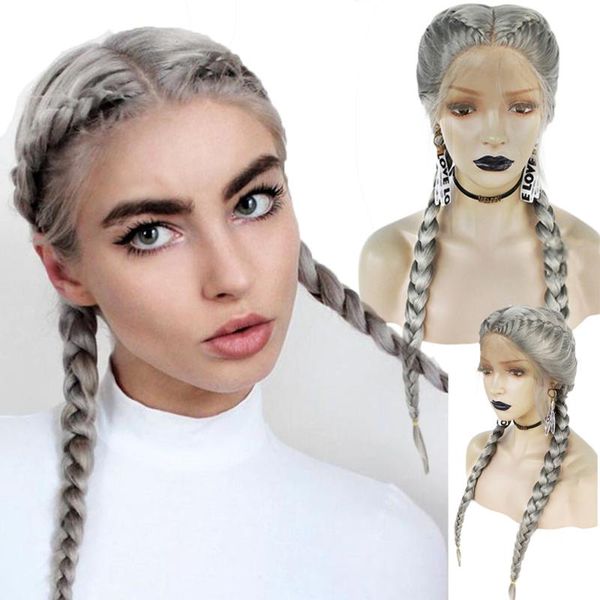

synthetic wigs long gray braided for black women, lace front with baby hair twist box braids girls cosplay