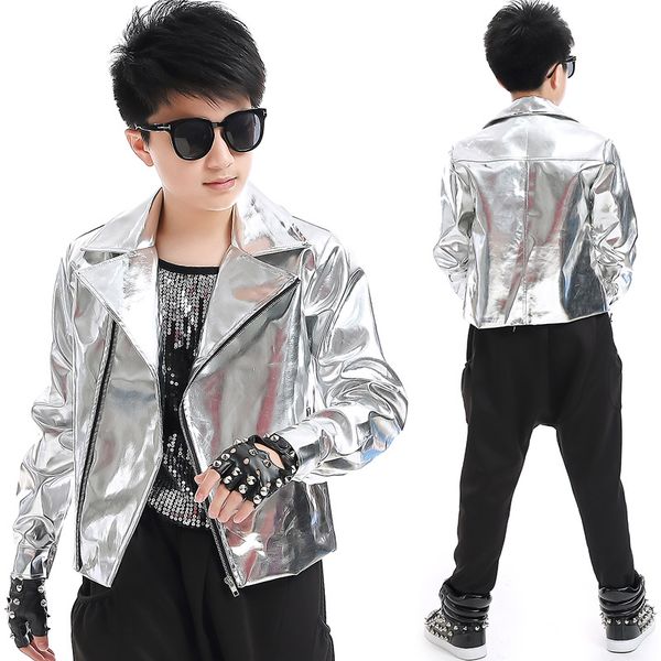 

2021 hip hop costumes boys silver jacket loose harem pants jazz performance clothing kids street dance stage rave outfit, Black;red