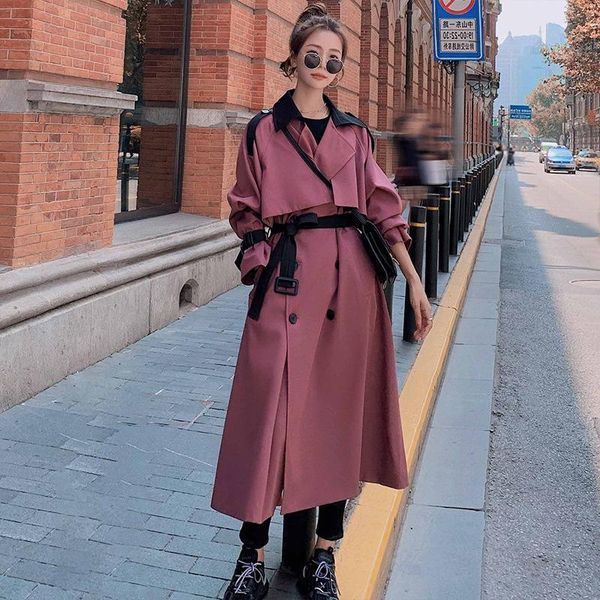 

women's trench coats over long full sleeve lapel collar elegant with belt 2021 autumn fashion coat casual solid thick, Tan;black