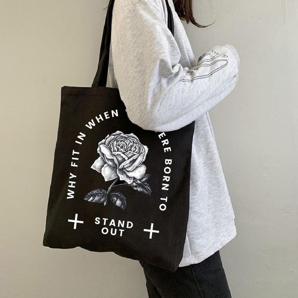 

evening bags rose flower letter printed punk gothic style canvas shopper bag large capacity women's harajuku vintage shoulder y2k handb