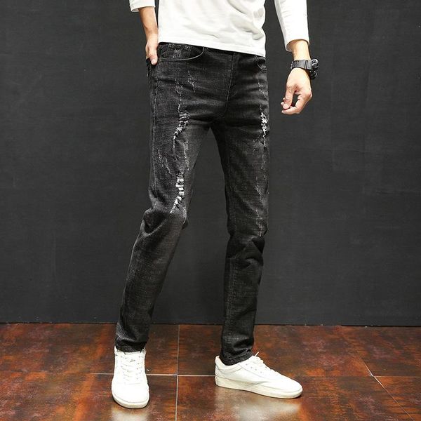 

men's jeans drop spring and autumn stretch denim pants black youth ripped casual slim feet cowboys trousers for man, Blue
