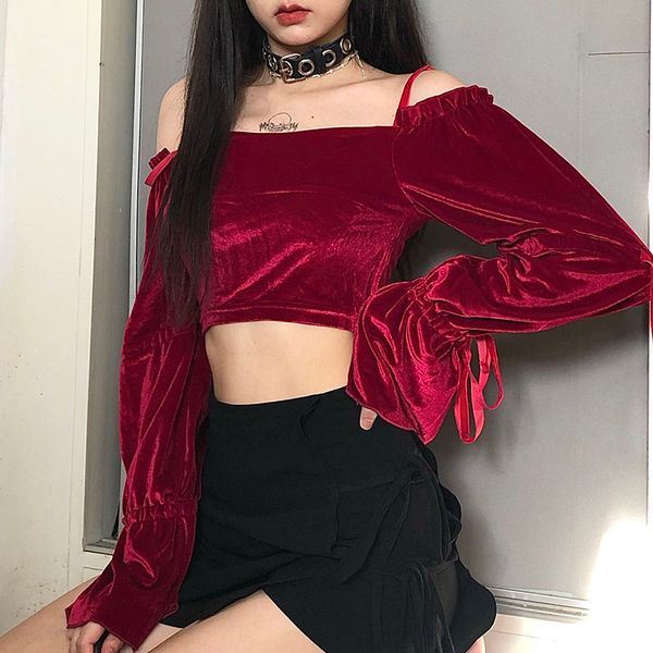 

slash neck velvet crop for women streetwear fashion long sleeve tie up 90s outfit t-shirts korean style tee, White