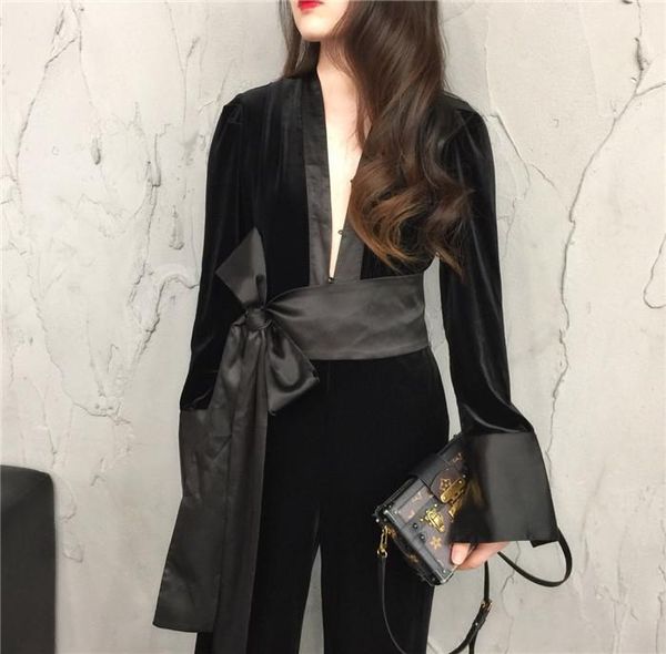 

women's jumpsuits & rompers brand 2021 women fashion jumpsuit deep v-neck long sleeve velvet overalls velour romper black, Black;white