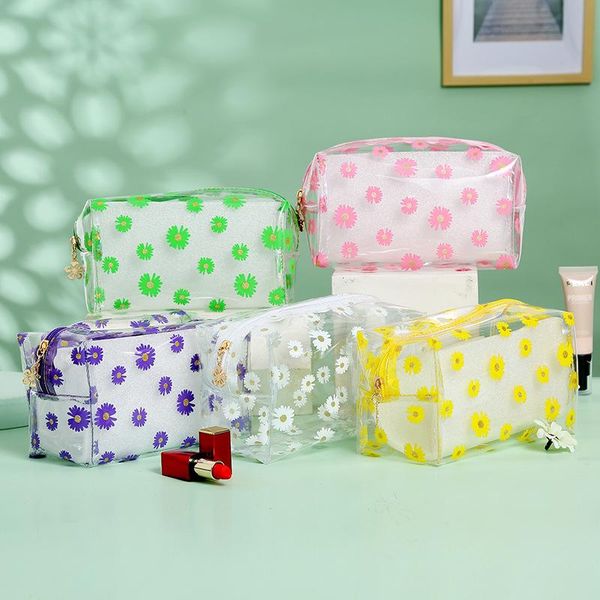 

q high-capacity cosmetic bags transparent pvc daisy print waterproof korean style travel toiletry bag portable for female