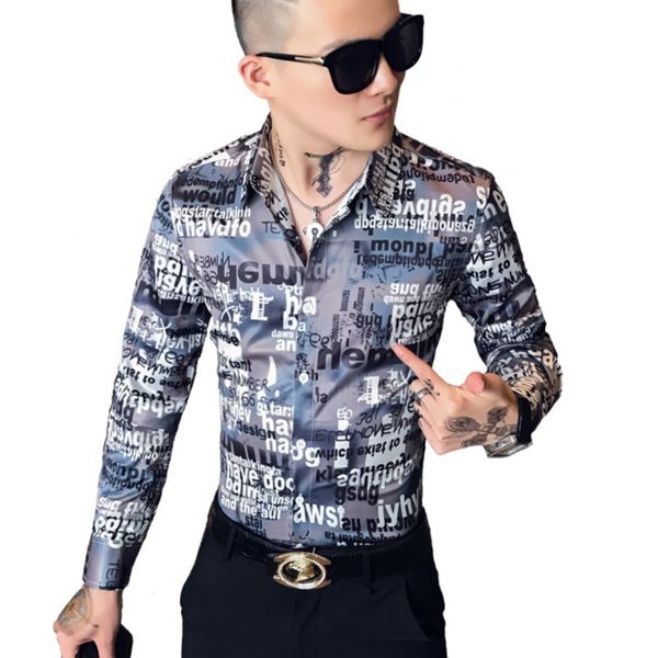 

letter print shirts of men with long korean sleeve thin dress male shirt streetwear social night party ws2s, White;black