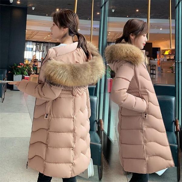 

new fashion winter jacket women big fur belt hooded thick down parkas x-long female jacket coat slim warm winter outwear 201007, Black