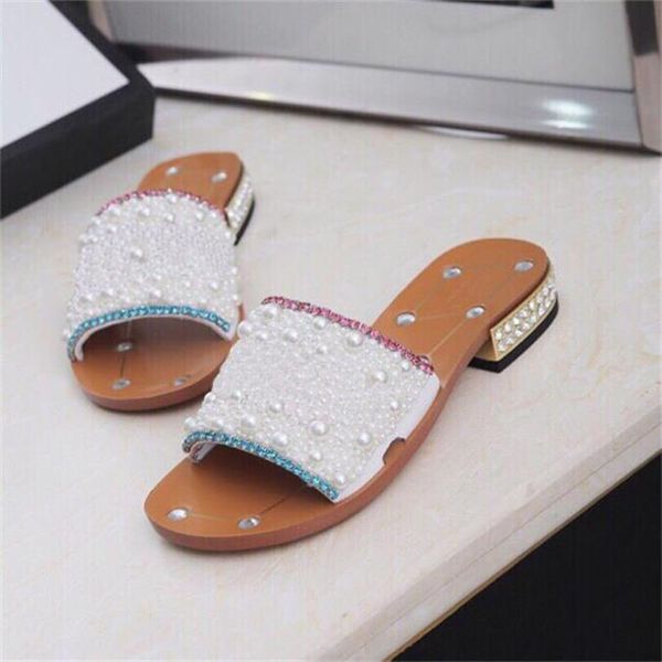 

women's rhinestone low-heel slippers black pearl work summer women's sandals dress shoes classic trend fashion big size