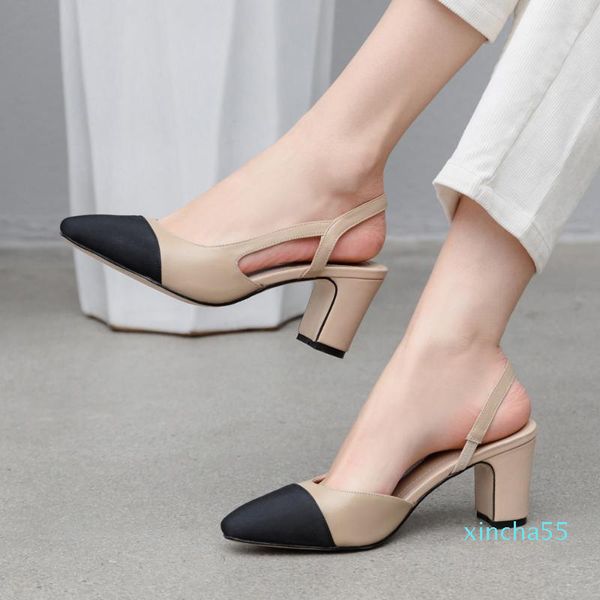 

women slingbacks shoes high heels natural genuine leather thick high heel shoes cow leather mixed colors pumps ladies, Black