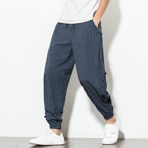 

men's pants streetwear harem men korean style casual loose cotton linen striped sweatpants jogger trousers, Black