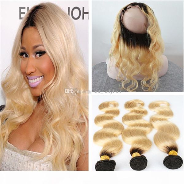 

ombre 1b 613 360 lace frontal closure with bundles platinum blonde ombre body wave malaysian virgin hair with 360 full lace band frontals, Black